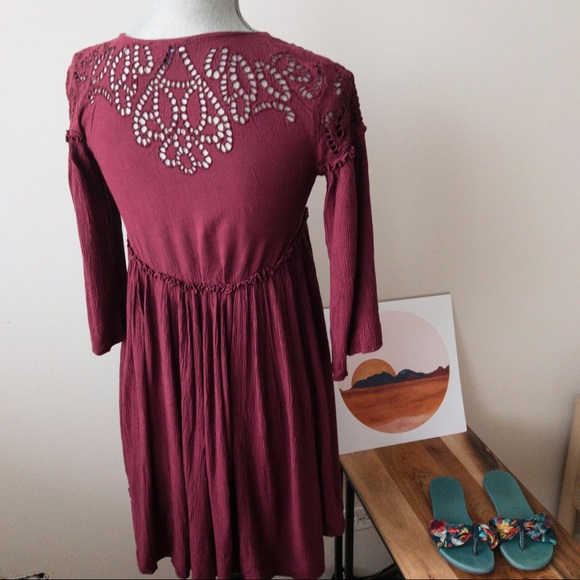 American Eagle Burgundy Eyelet Boho Dress, XXS - Picture 2 of 4